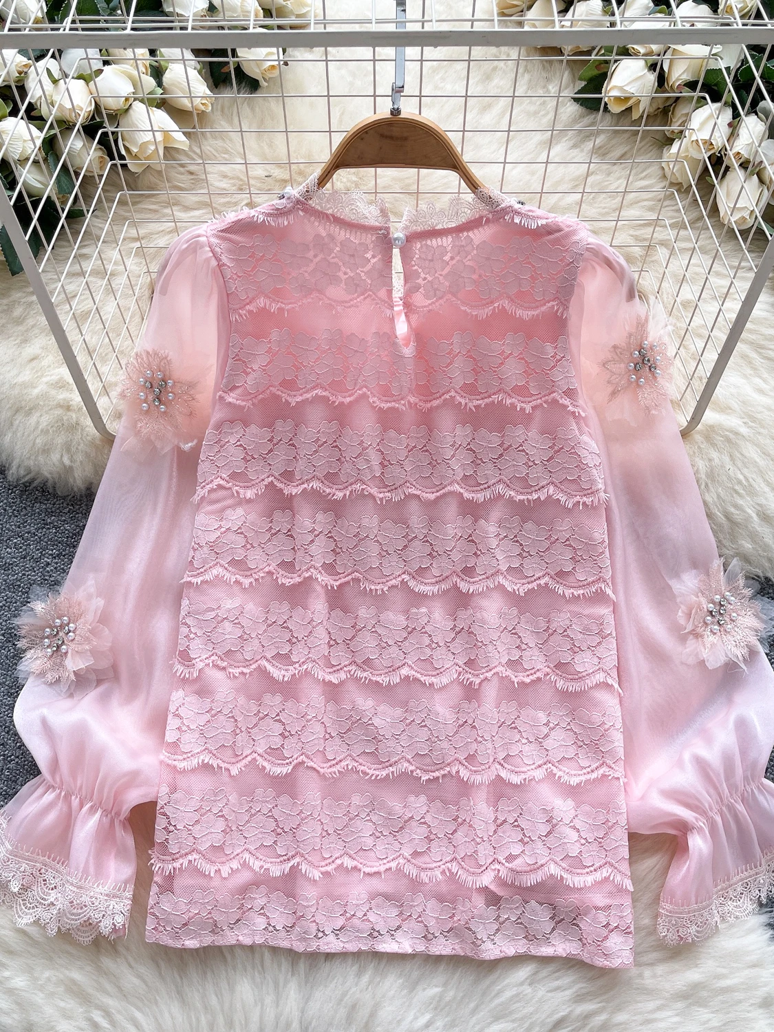 우아한 긴 소매 레이스 패치워크 다이아몬드 장식 헤비 워크 플로럴 3D 자수 여성 셔츠 한국 스타일 루즈핏