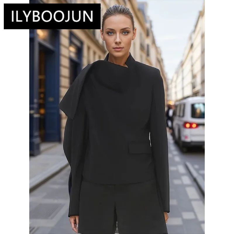 

ILYBOOJUN Solid Casual Irregular Blazers For Women Lapel Long Sleeve Tunic Patchwork Pocket Slim Temperament Blazer Female