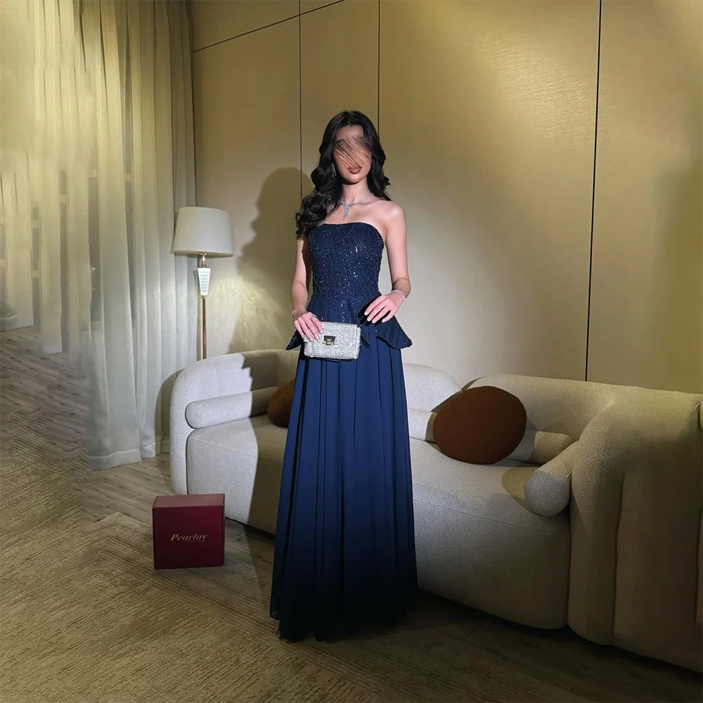 Navy Long Prom Dress Customized Sequined Jersey Strapless Evening Gowns with Scarf Pleated Chiffon A Line Formal Party Dresses