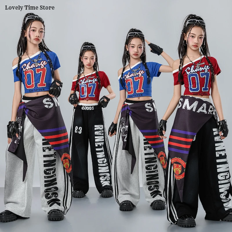 Hip Hop Kids Off Shoulder Crop Top Street Dance Letter Pants Girls K-pop Streetwear Children Jazz Costume Girl Group Clothes Set