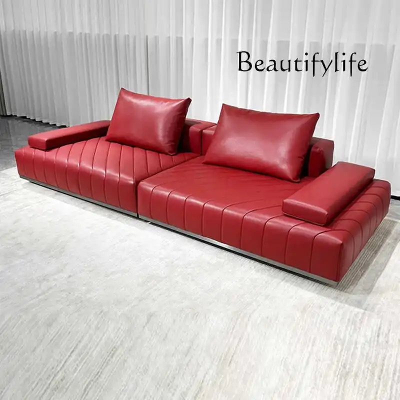 

Italian minimalist first-layer cowhide sofa modern simple living room black straight row leather down latex sofa