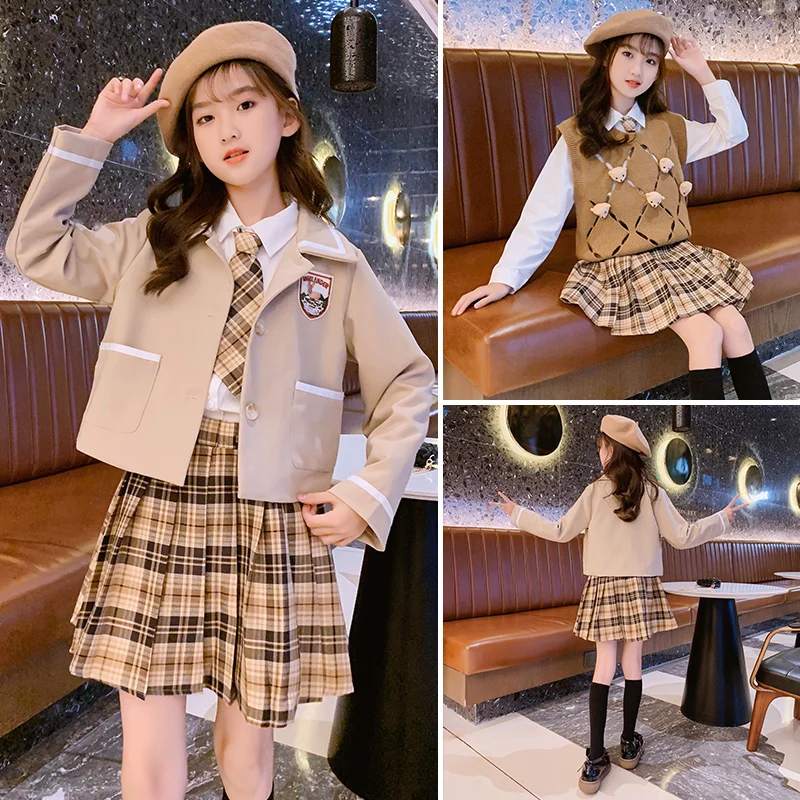 Spring and Autumn New Children\'s Set Girl\'s Fashion Suit Shirt Plaid Pleated Skirt Tie Set Princess Party Uniform Academy Style