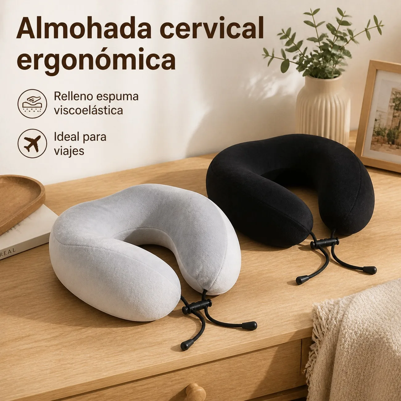 Oreiller de voyage ergonomique pour le cou en mousse à mémoire de forme avec fermeture réglable, coussin cervical portable pour avion, voiture et bureau, tissu en polyester doux et respirant