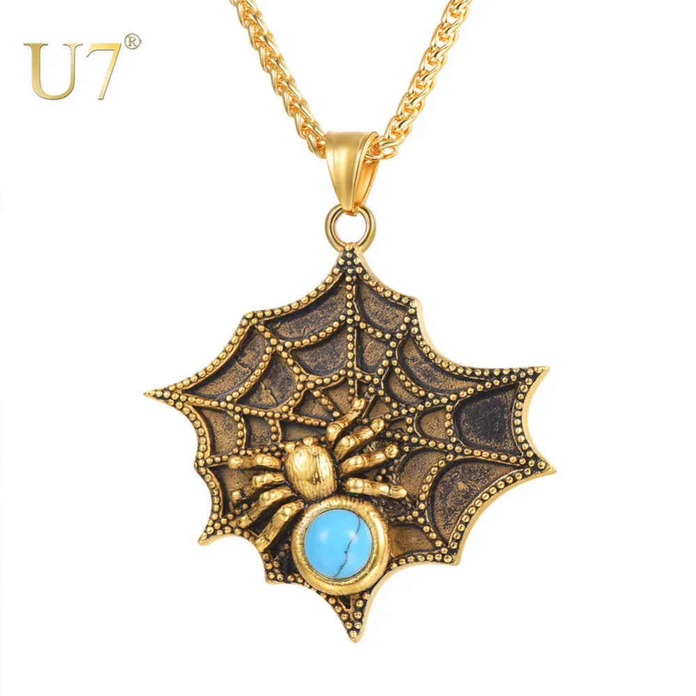 U7 Stainless Steel Spider Web Turquoise Necklace Men Woman Spiderweb Pendant Punk Halloween Series Gothic Unisex Jewelry QC24