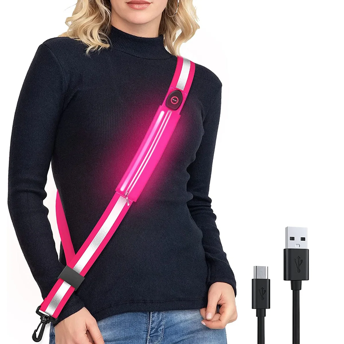 LED Reflective Belt Sash for Walking At Night,Rechargeable LED Light Up Running Belt for Runners Walkers,Pink