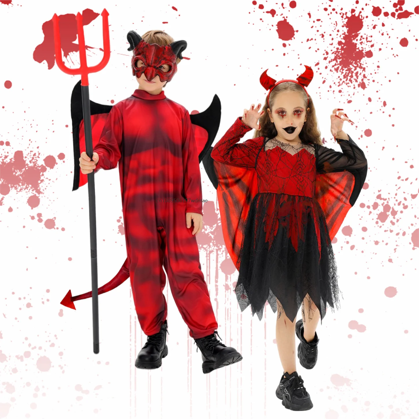 

Little Devil Costume Girls Red Devil Dress With Wings Spider Web Bat Cape Pleated Witch Hat Children's Halloween Party Outfit