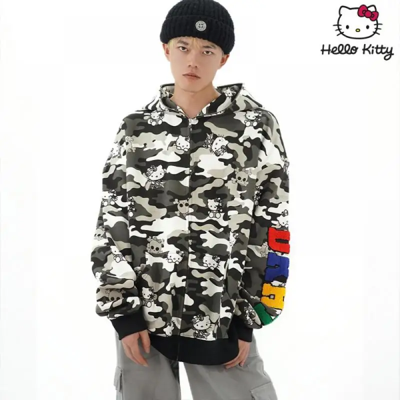 Hello Kittys Hooded Jacket Y2K Sanrioed Cartoon Anime Spring Winter Cotton Camouflage Coat Hip Hop Men Women Casual Loose Tops