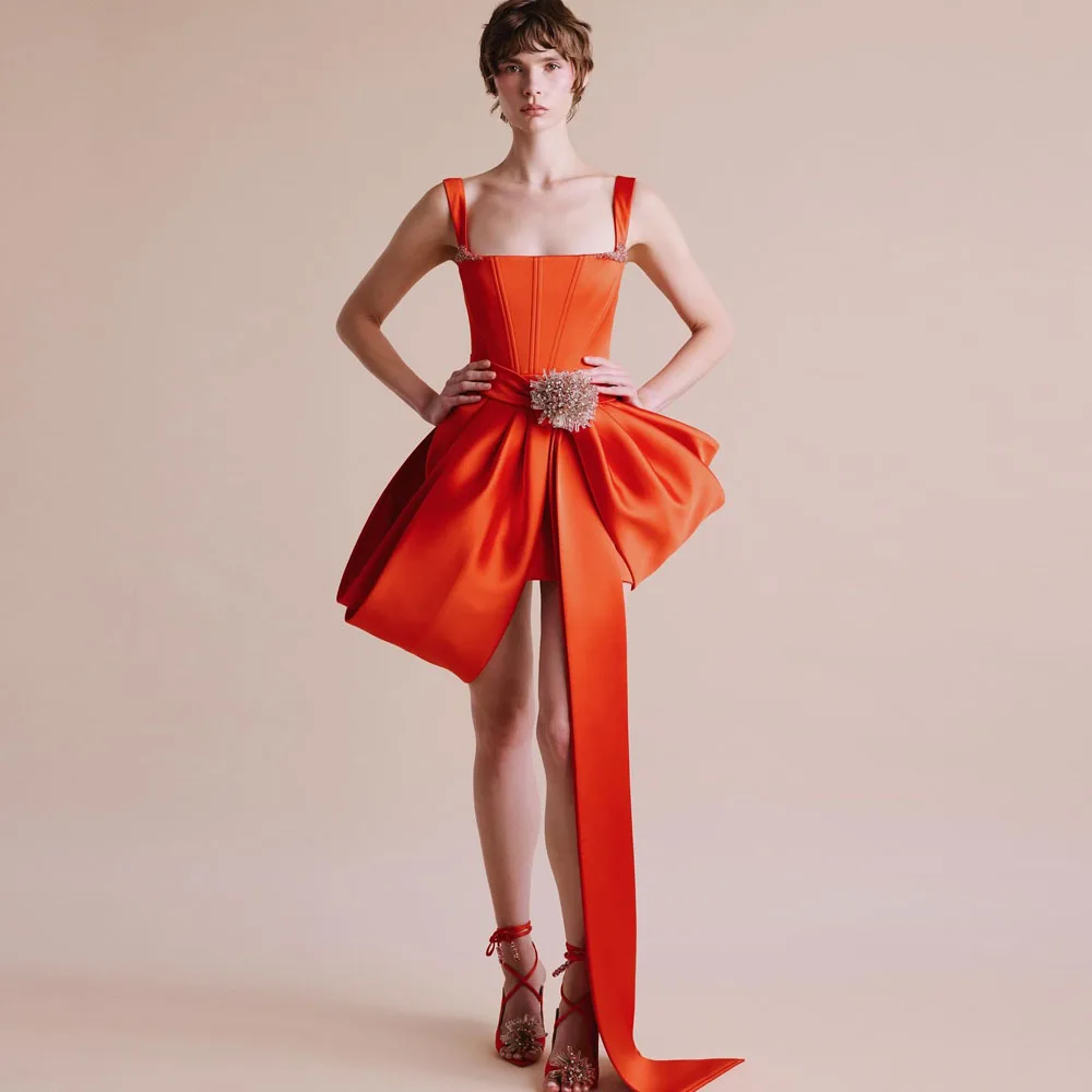

Couture Hot Orange Square Neckline Short Dresses With Beaded Flower And Bow Sexy Short Women Party Dress