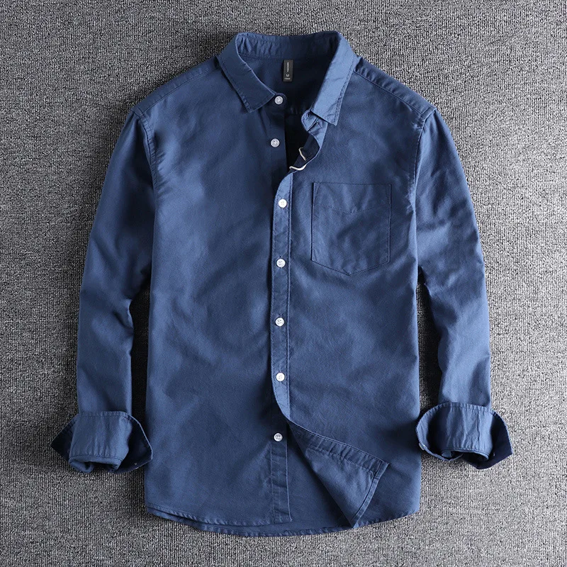 

100% Cotton Washed Oxford Long-Sleeve Shirt for Men 2026 Spring Autumn Casual Basic Solid Slim Fit Workwear Top with Pocket