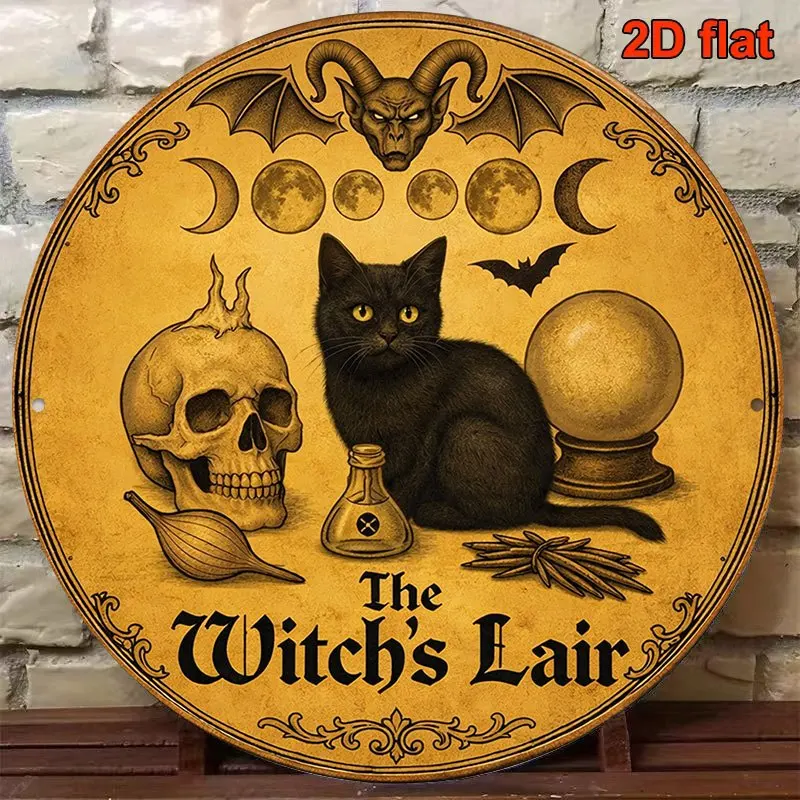 2D Flat, 1pc 2D Flat Wooden Printed Vintage Wooden Hanging Sign with Black Cat and Witch Moon Phase Pattern, Halloween Decorativ