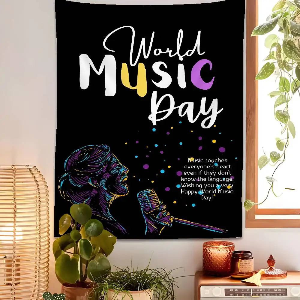 

International Love Music Day Tapestry Bedroom Living Bar Garden Outdoor Microfiber Festival Decoration Background Art Banner