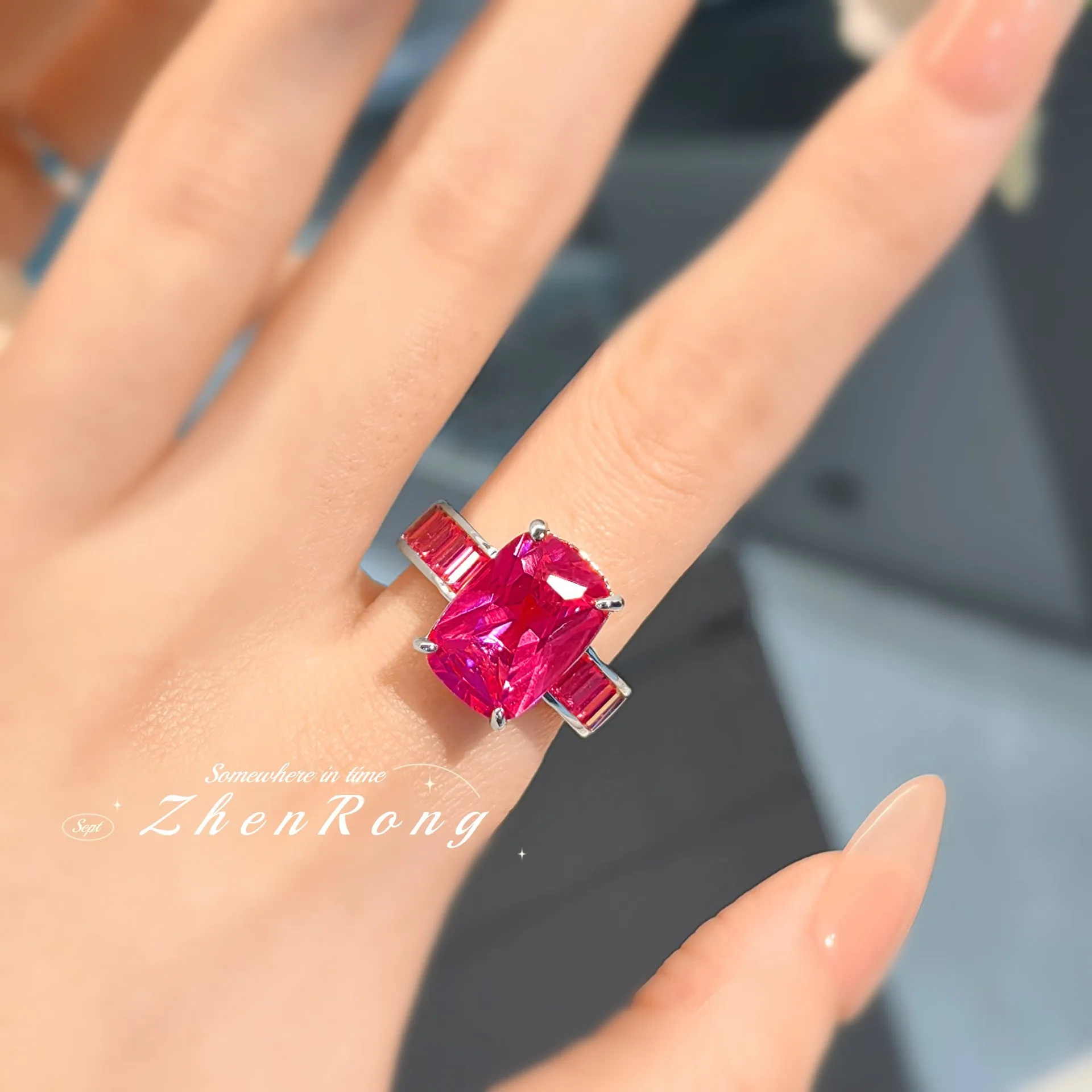 S925 sterling silver ring daily fat rectangular gradual change red corundum ring high sense blue pointed crystal ring