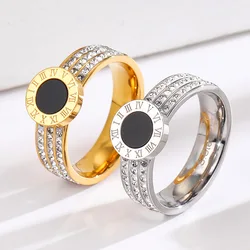 New stainless steel Roman numeral rhinestone color retaining ring, fashionable and popular women's ring