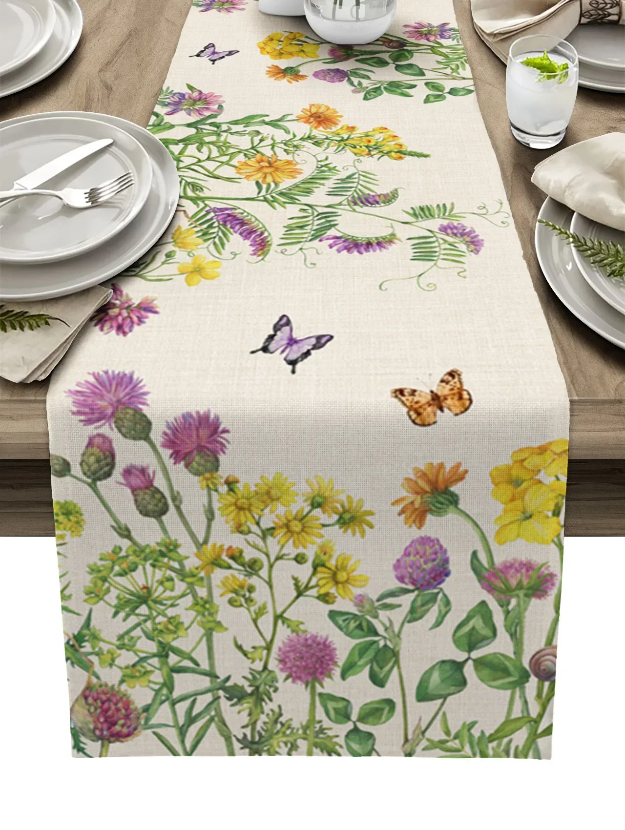 Spring Flower Butterfly Table Runner luxury Kitchen Dinner Table Cover Wedding Party Decor Cotton Linen Tablecloth