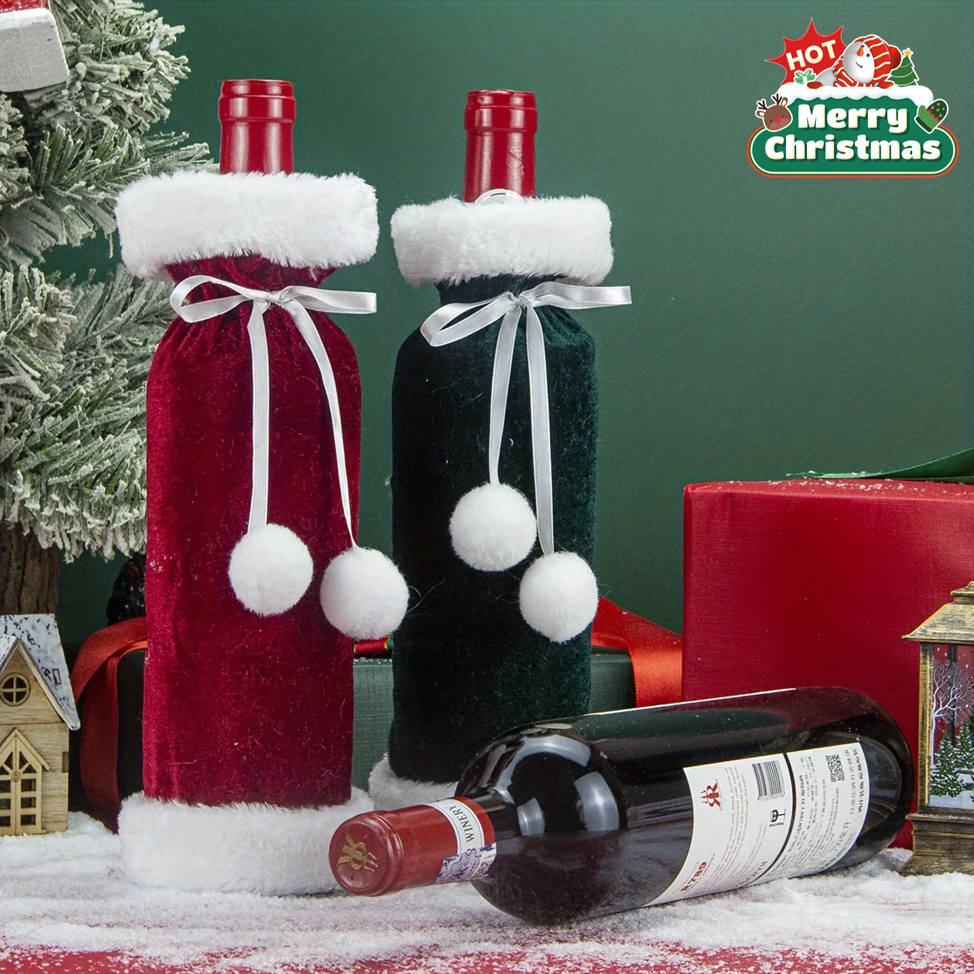4pcs/1pc Christmas Wine Bottle Covers with Santa Hats,Tableware for Dining Room Decor, Holiday Table wine bottle cover wine bags