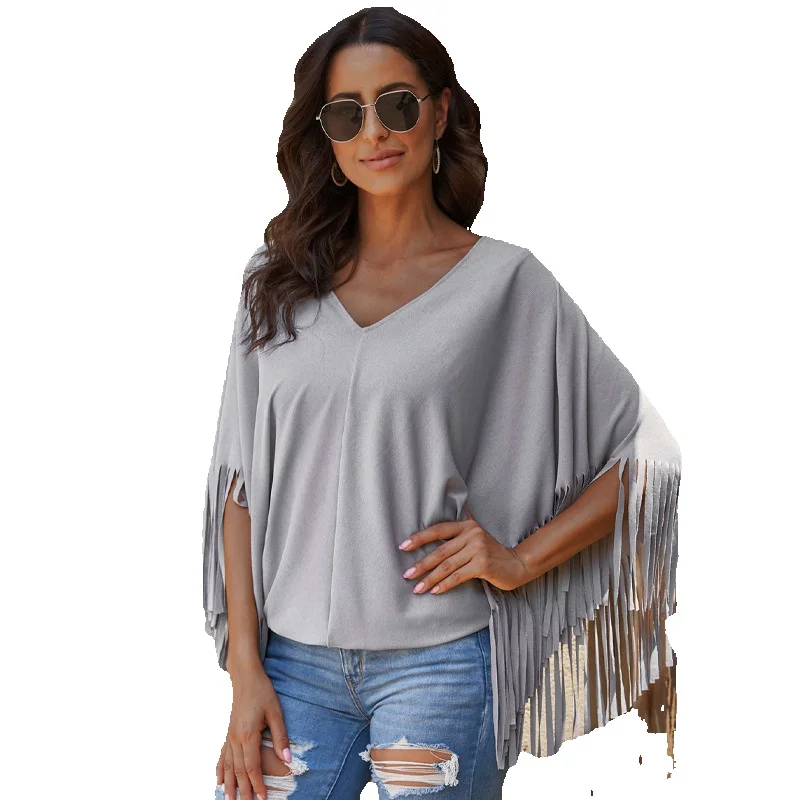 

Shi Ying Grey Tassel V-Neck Pullover Top Women's Loose Fashion Bat Sleeve T-Shirt 25113224