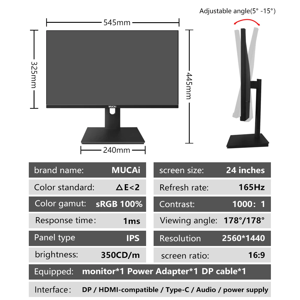 Imagem -03 - Mucai-monitor para Computador Gamer Tela Plana Compatível com Hdmi Qhd Qhd dp 2560x1440 2k Tela Lcd 165hz 144hz 24 no pc