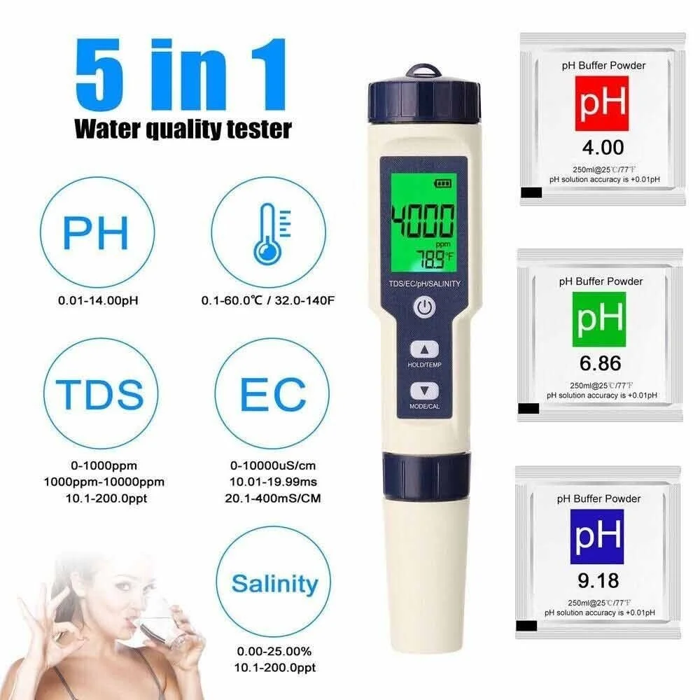 

5 In 1 Digital PH TDS EC Meter Salinity Temperature Tester Conductivity Water Filter Purity Pen for Water Quality Detector 2025