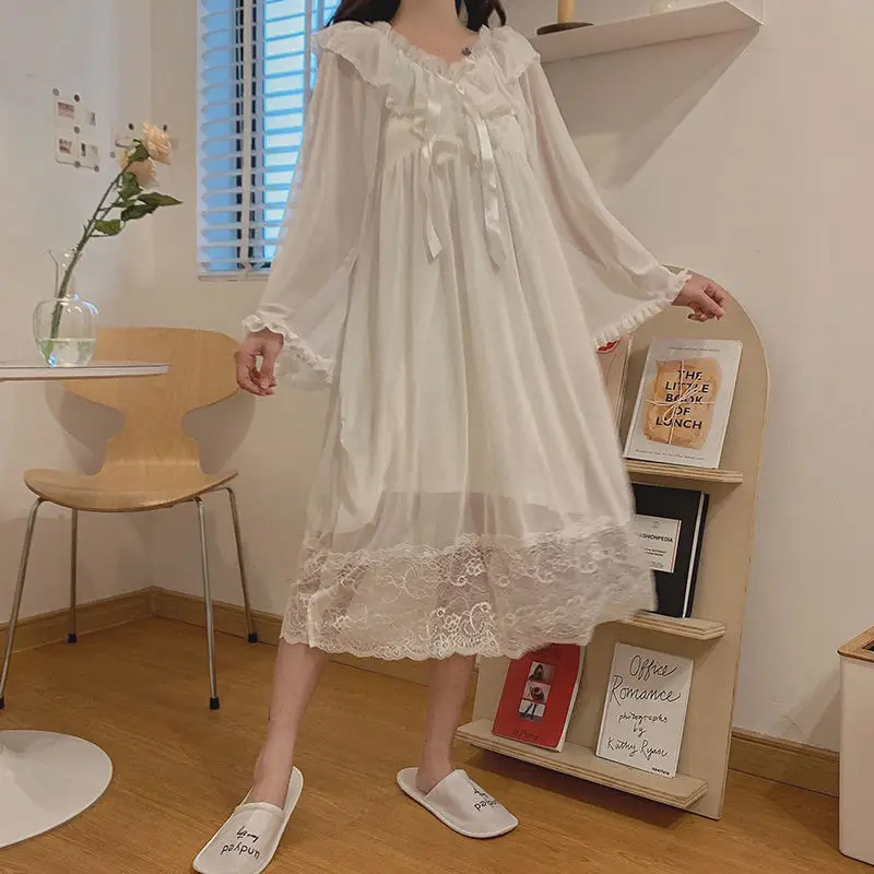 Female Dress Nightgowns Long Sleeve Autumn Sleepwear Sexy Lace Princess Nightwear Dress Nightshirts Vintage Palace Nightgown