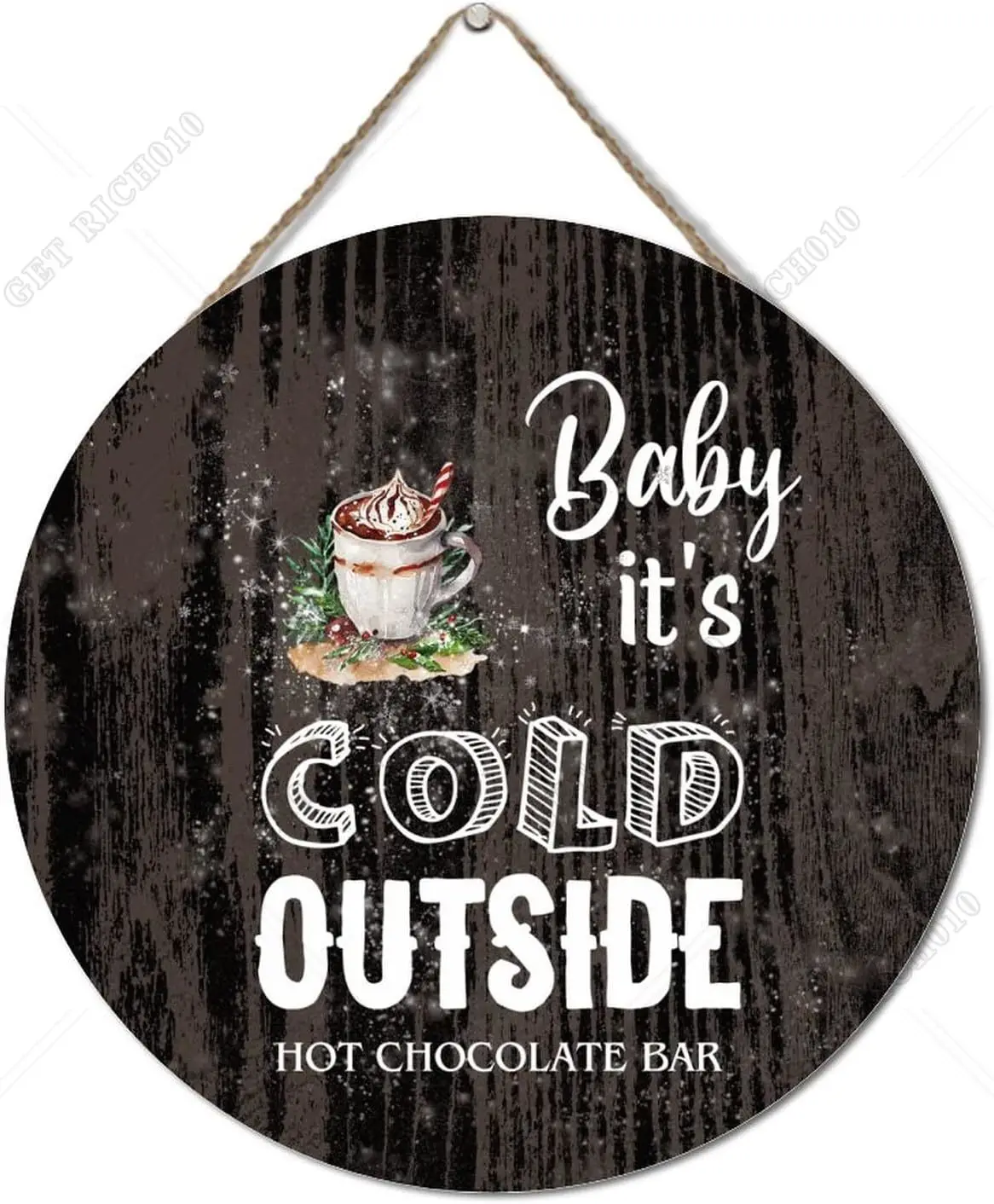 Door Sign Cocoa Bar Hanging Wooden Sign 12x12in Round Baby It's Cold Outside Xmas Hot Cocoa Wooden Signs Rustic Wood Sign