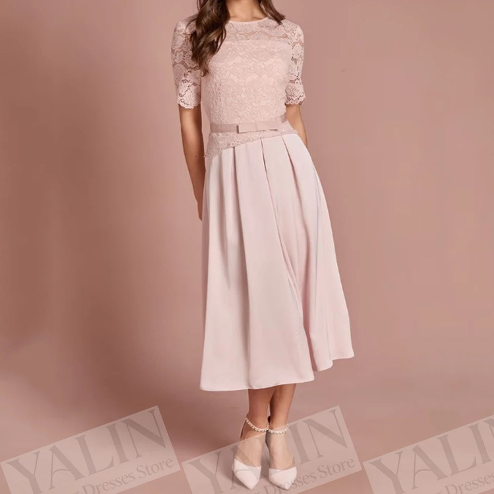 

Women's A-line Evening Dresses Tea-length O-neck Short Sleeve Prom Dresses Fashion Lace Sashes Simple Draped Customized Gowns