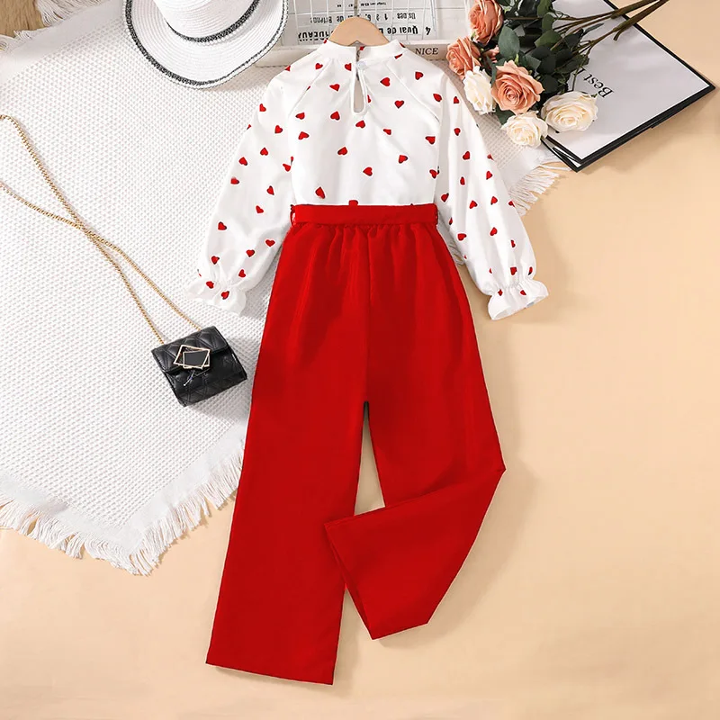 2024 New Clothing Set Girls Long Sleeve O Neck Ruffles Print Heart T-shirt Red Pants 2 Pcs Sets Casual Girls Clothes Set 8-12T