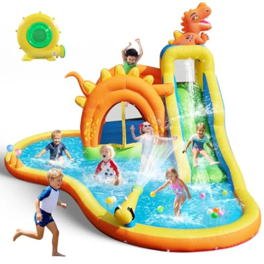 

Dinosaur Inflatable Water Slide Park for backyard play PVC material green and blue 7-in-1 design with slide splash pool climbin