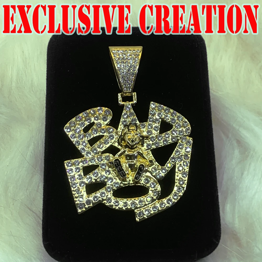 Hip hop exquisite Cuban necklace paired with exaggerated letter pendant, diamond inlay, 18K gold plating, street trend culture