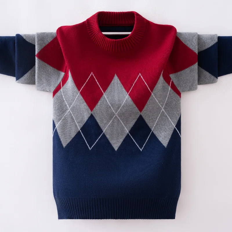 Teenager Boys Cotton Sweater Autumn Winter 3 Colors Diamond Pattern Kids Warm Knitted Pullover For Children\'s 4-15Yearss Wear