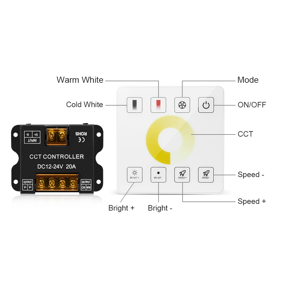 

CCT RF Controller Touch Panel Remote Control CCT COB Strip Dimmer for 12V/24V CCT WW/CW Single Color Led Strip Light