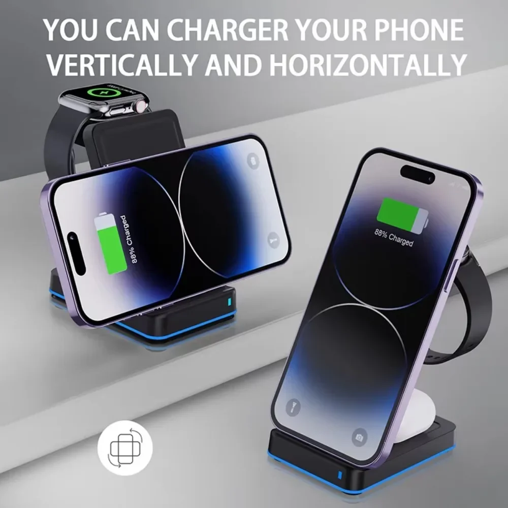 Station de charge sans fil avec lumière LED pour Apple Samsung Watch, chargeur de téléphone rapide, support 3 en 1, 15W