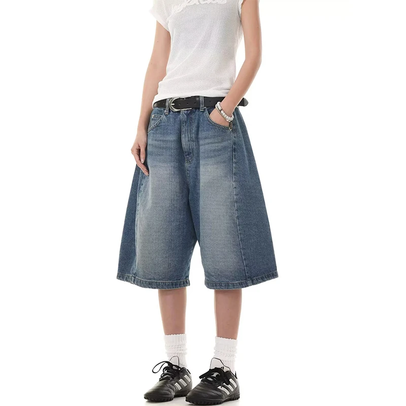 Retro Washed Loose Wide Leg Five-Point Denim Shorts Women Summer American Lazy High Waist Slimming Hot Pants A- Line Shorts