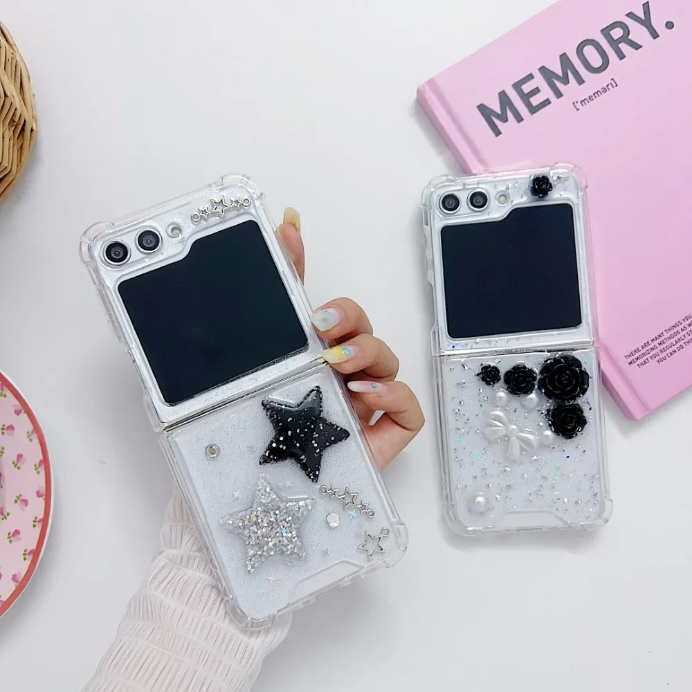 For Samsung Galaxy Z Flip 5 ZFlip5 Case Sequin 3D Star Flower Transparently Folding Shockproof Protection Hard Cover Accessories