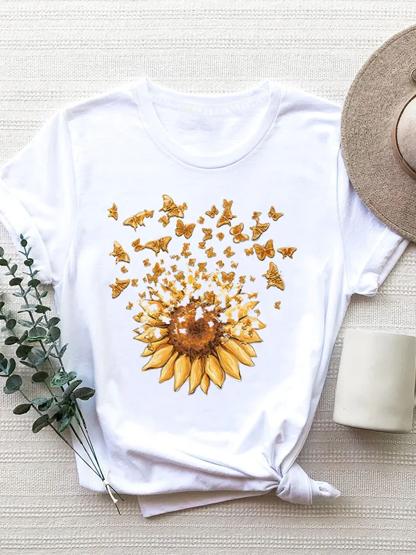 Golden Butterfly Floating Sunflowers Print Female T-shirt Vintage Art Fashion Farm Lover Women Shirt Holiday Retro Casual Tee