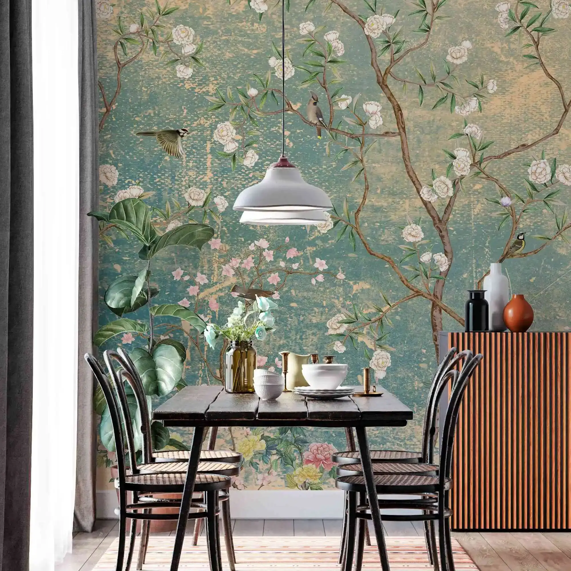 Vintage Chinoiserie Wallpaper with Watercolor handdrawn Birds and floral ancient Wallpaper, non-woven wallpaper