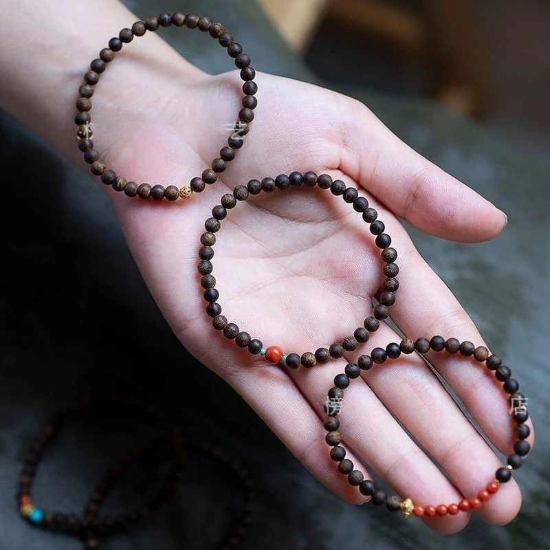 Agarwood Beaded Bracelet Red Agate Sterling Silver Bracelet Stackable White Agarwood Bracelet Gifts