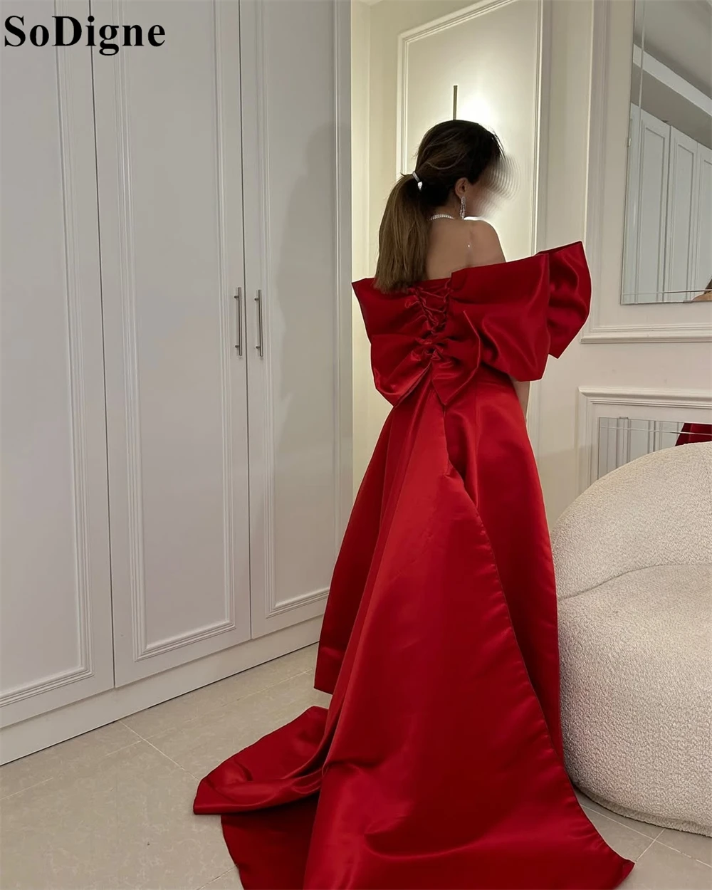 SoDigne Elegant Red Satin Evening Dresses A-Line Off Shoulder Draped Bow Party Dress 2025 Saudi Arabia Prom Gowns Customized