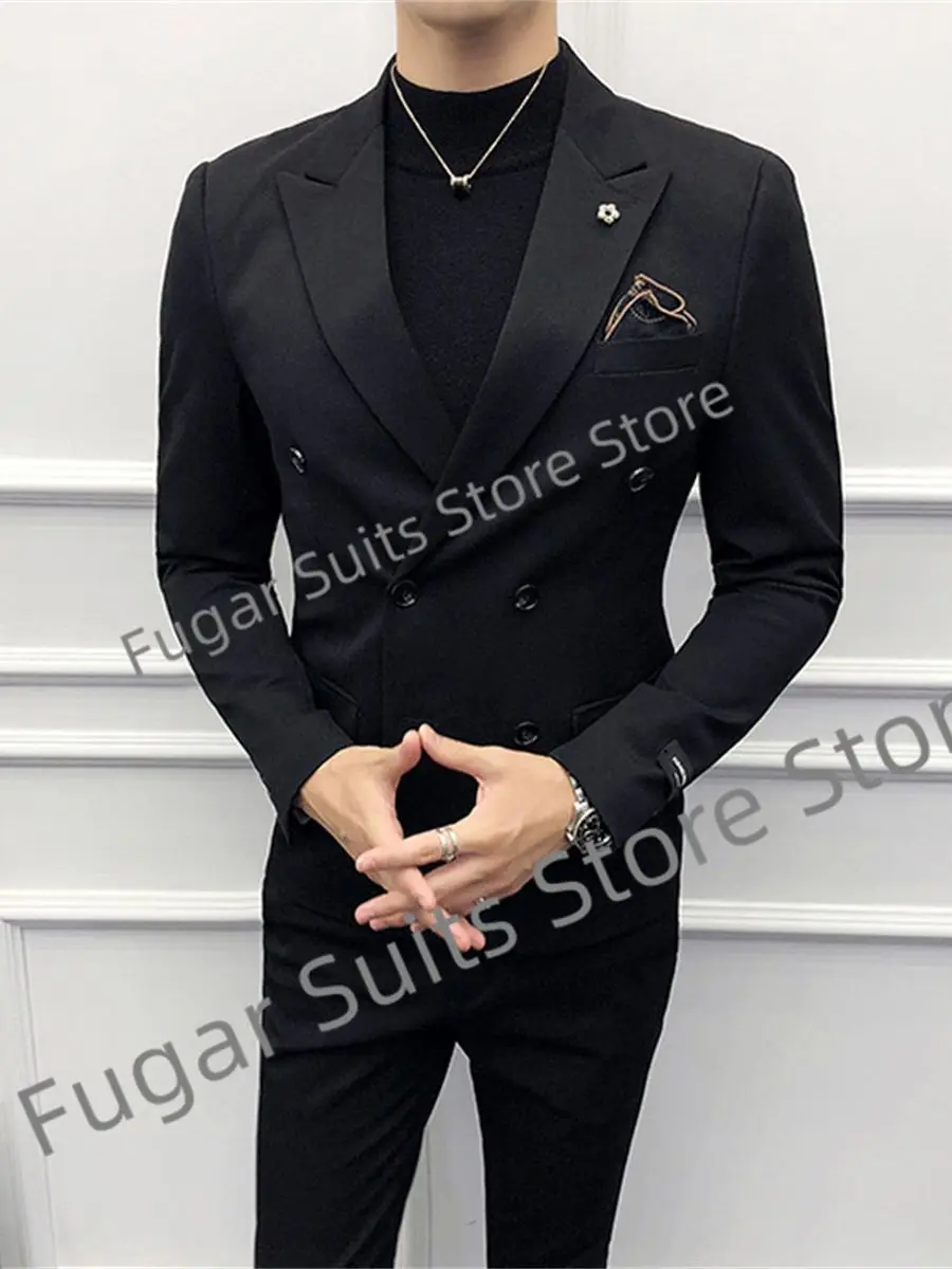 

Elegant Black Wedding Men Suits Double Breasted Peak Lapel Groom Tuxedos 2Pieces Sets Custom Slim Fit Male Blazer Costume Homme