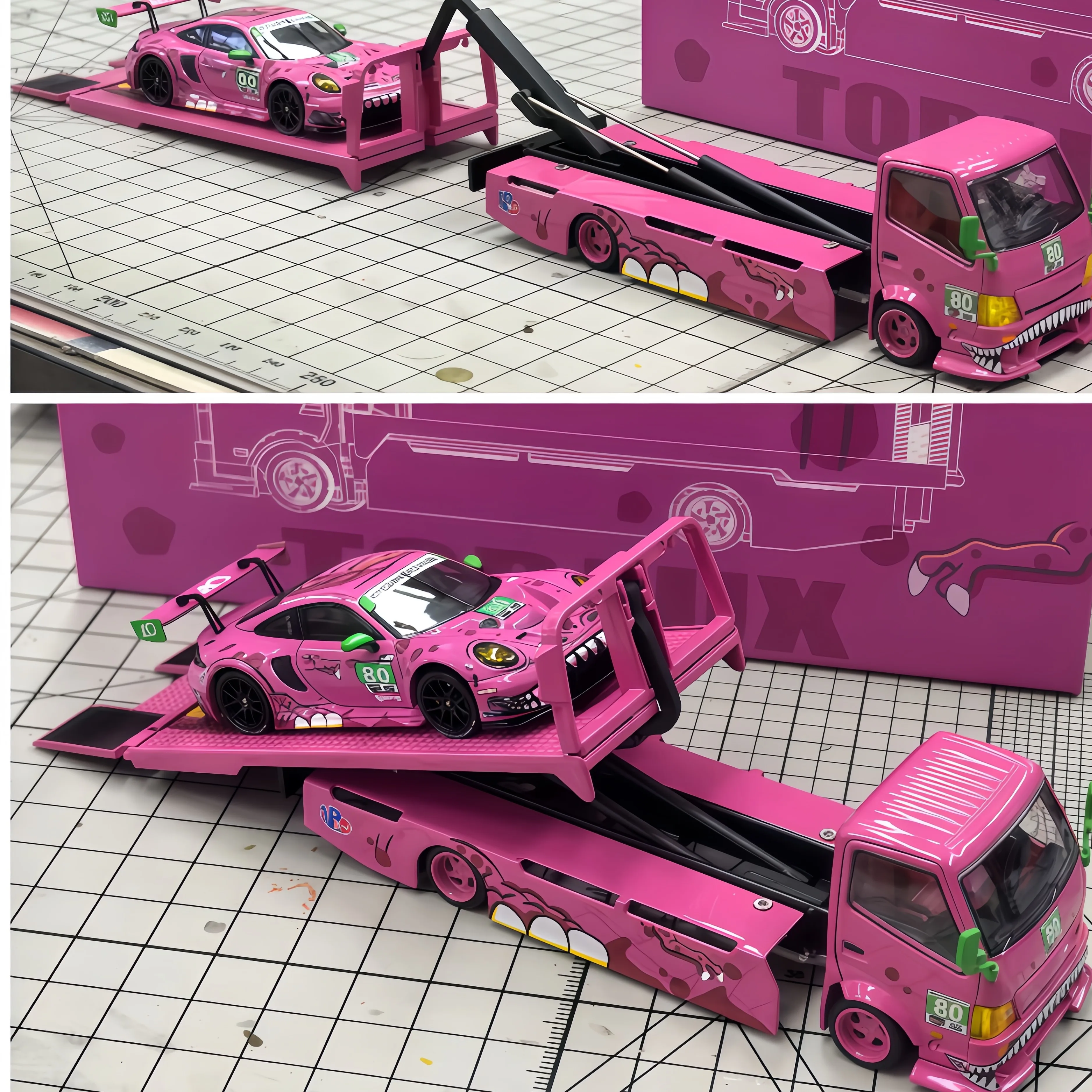 TL & SR 1:64 Porsche 911 Pink Dinosaur Green Dinosaur Trailer Alloy Car Model Set