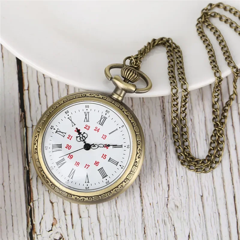 Antique Style Clock Men Women Quartz Movement Pocket Watch with Roman Numeral Dial Necklace Pendant Chain Open Face Timepiece