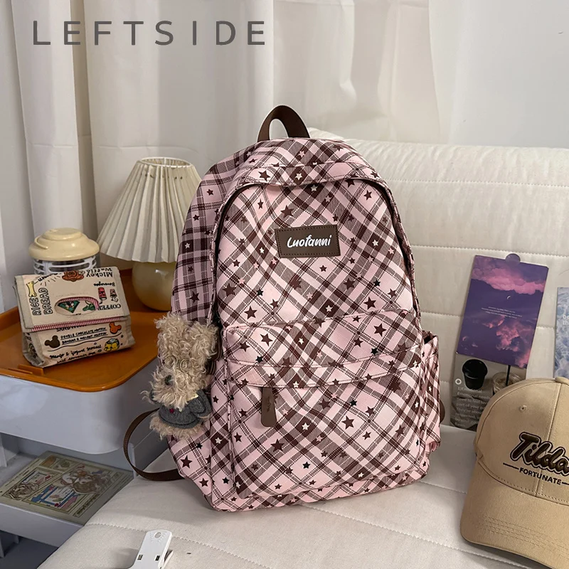 LEFTSIDE Women's Plaid Star Print Canvas Backpack Plush Charm Adjustable Casual Daily School Bag 2026 New Trend Casual Back Pack