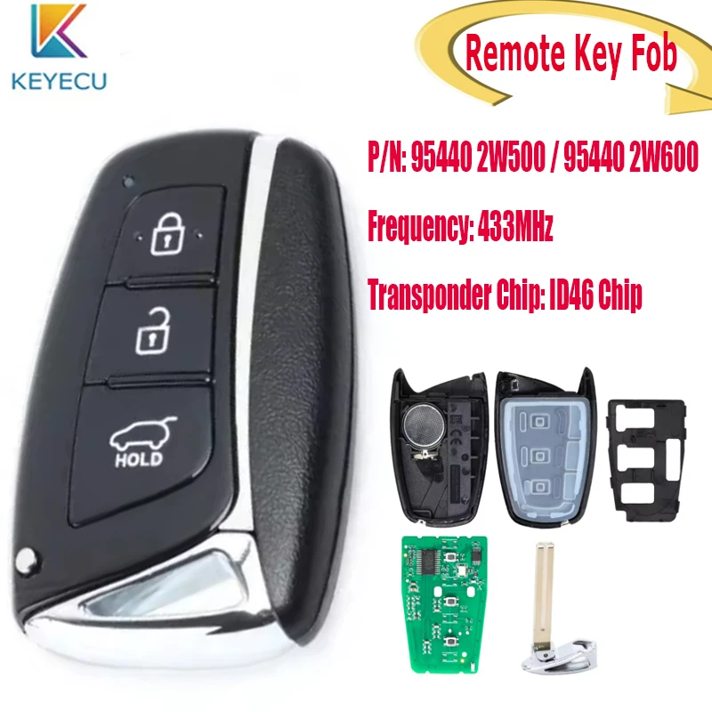 

KEYECU Smart Remote Key Fob for Hyundai Santa Fe 2012 2013 2014 2015 2016 2017 433MHz ID46 Chip P/N: 95440 2W500 2W600 3Buttons