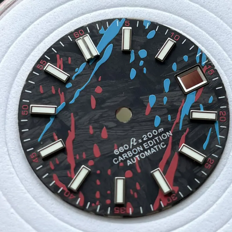 

Watch Parts 28.5mm Blue Red Pattern Carbon Fiber Sterile Watch Dial Blue Luminous Suitable For NH35/36 Automatic Movement