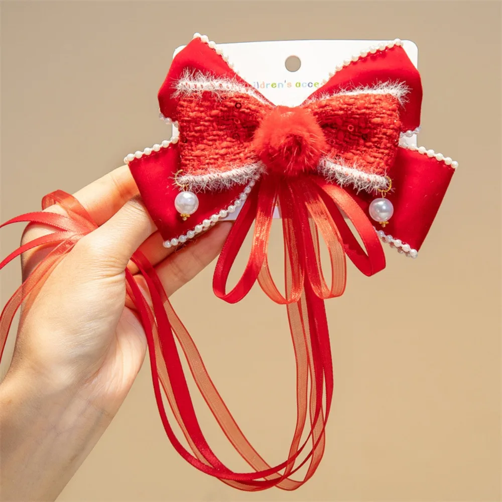 

Lion Red Bow Hair Clip Plush Ball Ribbon Children's Chinese Hairpin Tassel Fringe Embroidered Bow Headwear Winter