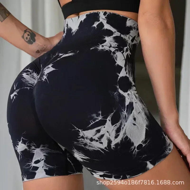 Seamless Tie Dye Sports Shorts For Women Sexy Yoga Fitness Shorts High Waist Hip Lifting Belly Hugging Pants For Women