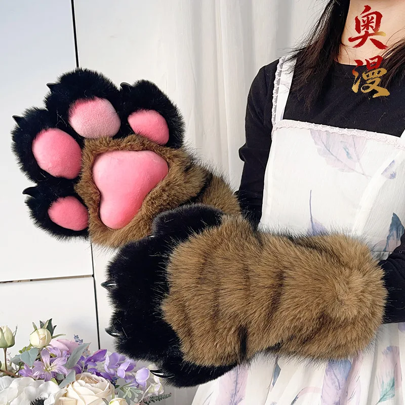 Baron Series Fursuit Paw Gloves Thick Fluffy Faux Fur 3D Plush Paw Pads Animal Claw Mittens Kigurumi Cosplay Costume Accessory