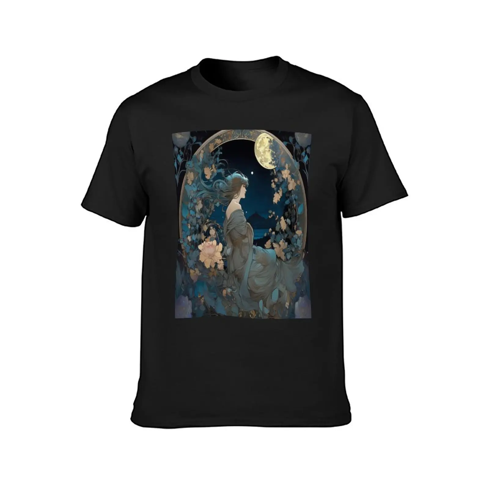 Celestial Elegance Inspired By Mucha Moon Art T-Shirt oversizeds anime tees aesthetic clothes Short sleeve tee men