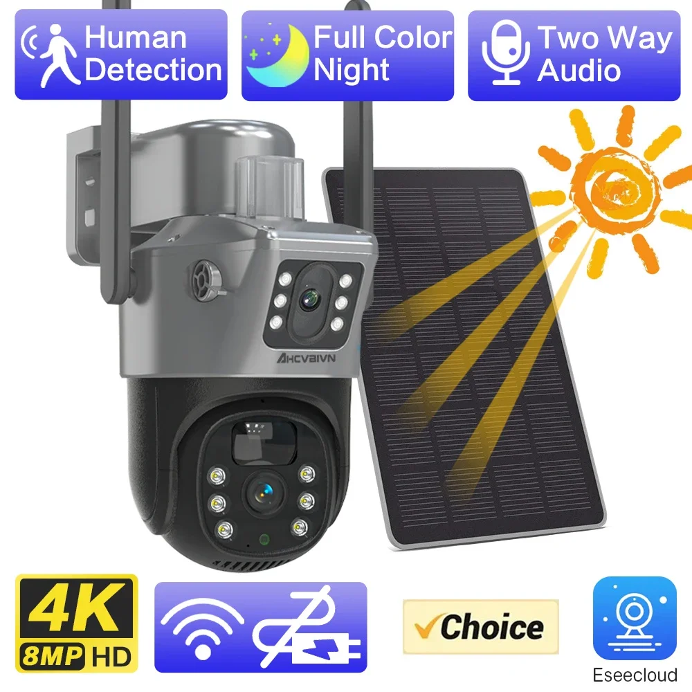 

8MP 4K Dual Lens Solar Cameras Wireless Outdoor PTZ Control PIR Tracking Detection CCTV Surveillance Low Powered Solaire IP Cam