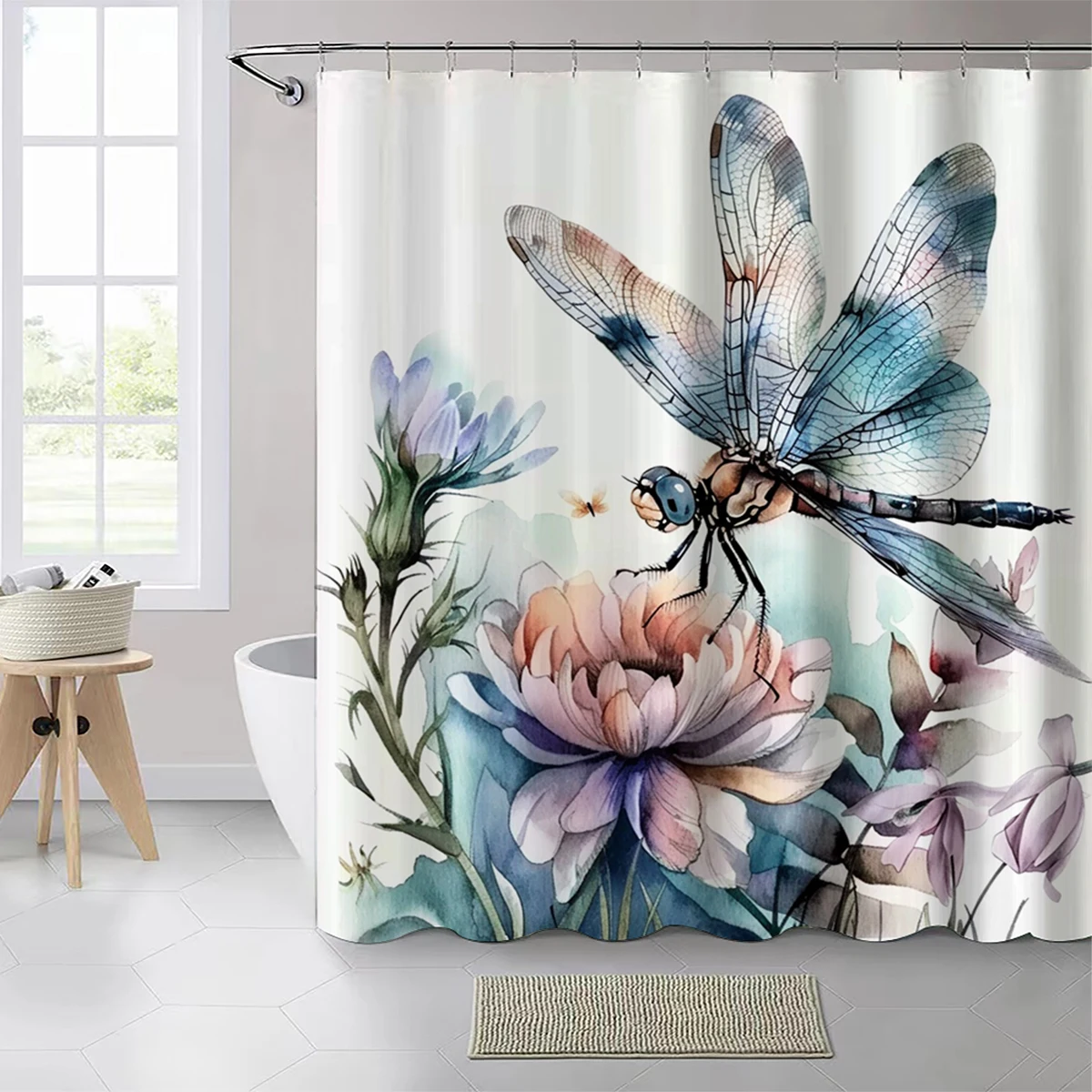 1pc dragonfly pattern polyester material shower curtain waterproof fabric, thickened anti mold partition curtain for bathro