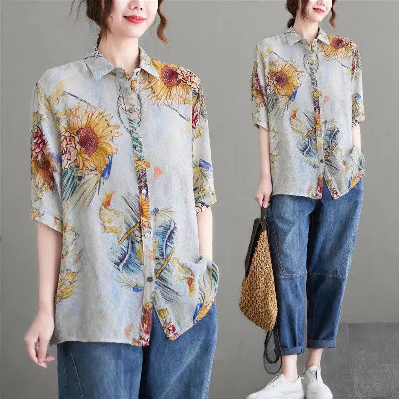 Vintage Floral Print Simple Casual Loose Top Blouse Women Summer Fashion Half Sleeve Street Button Up Shirt Blusas Mujer Clothes